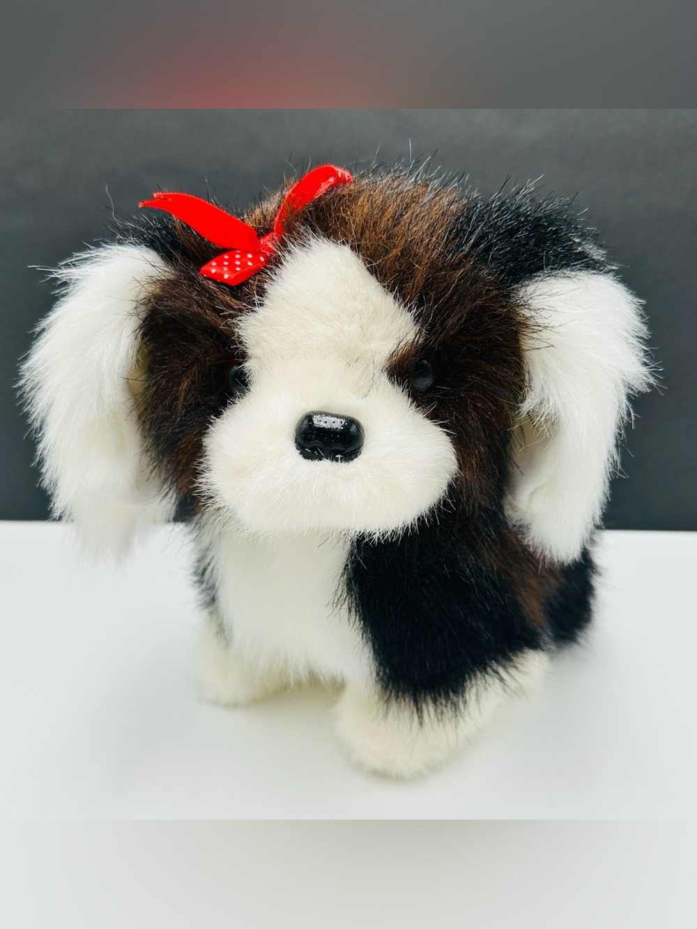 Shalom Toy Co Shih Tzu White/Brown Plush Dog Puppy Red Bow 8” Stuffed Animal VTG